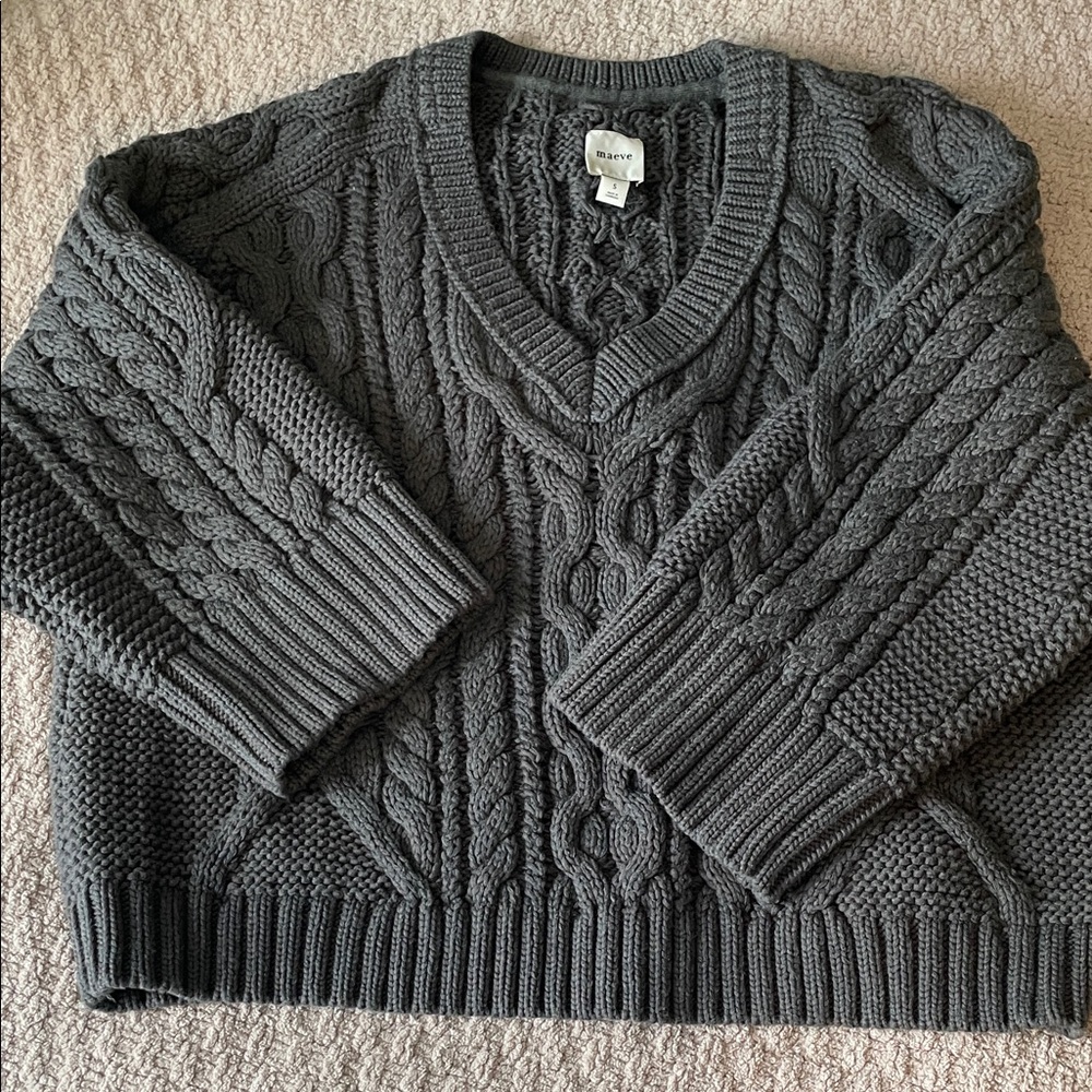 Maeve Charcoal Cable Knit V-Neck Sweater